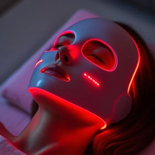 A person relaxing while wearing a glowing red LED light therapy face mask.