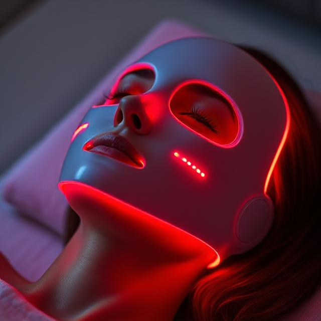 A person relaxing while wearing a glowing red LED light therapy face mask.